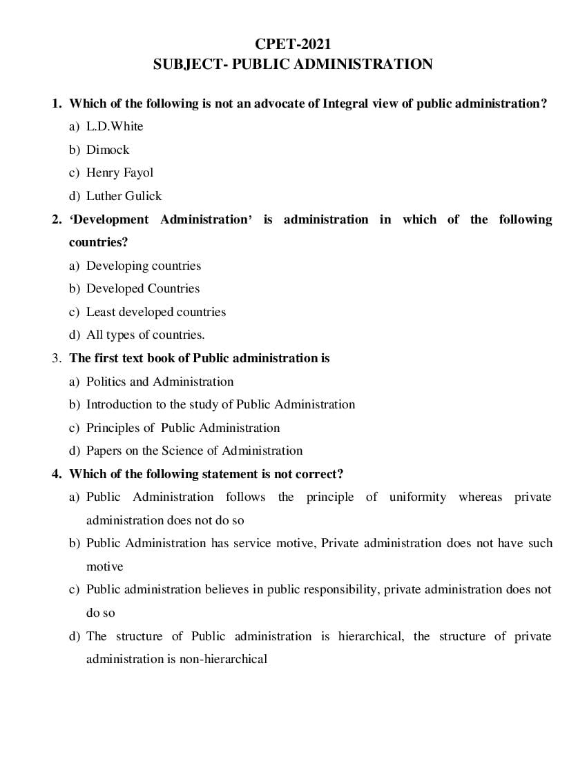 Odisha CPET 2021 Question Paper Public Administration - Page 1