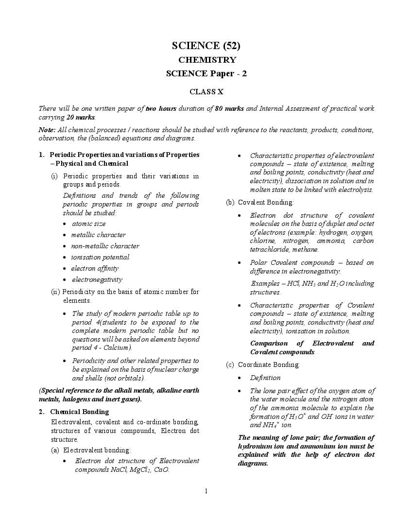 ICSE Class 10 Syllabus 2023 Chemistry (Revised) - Page 1