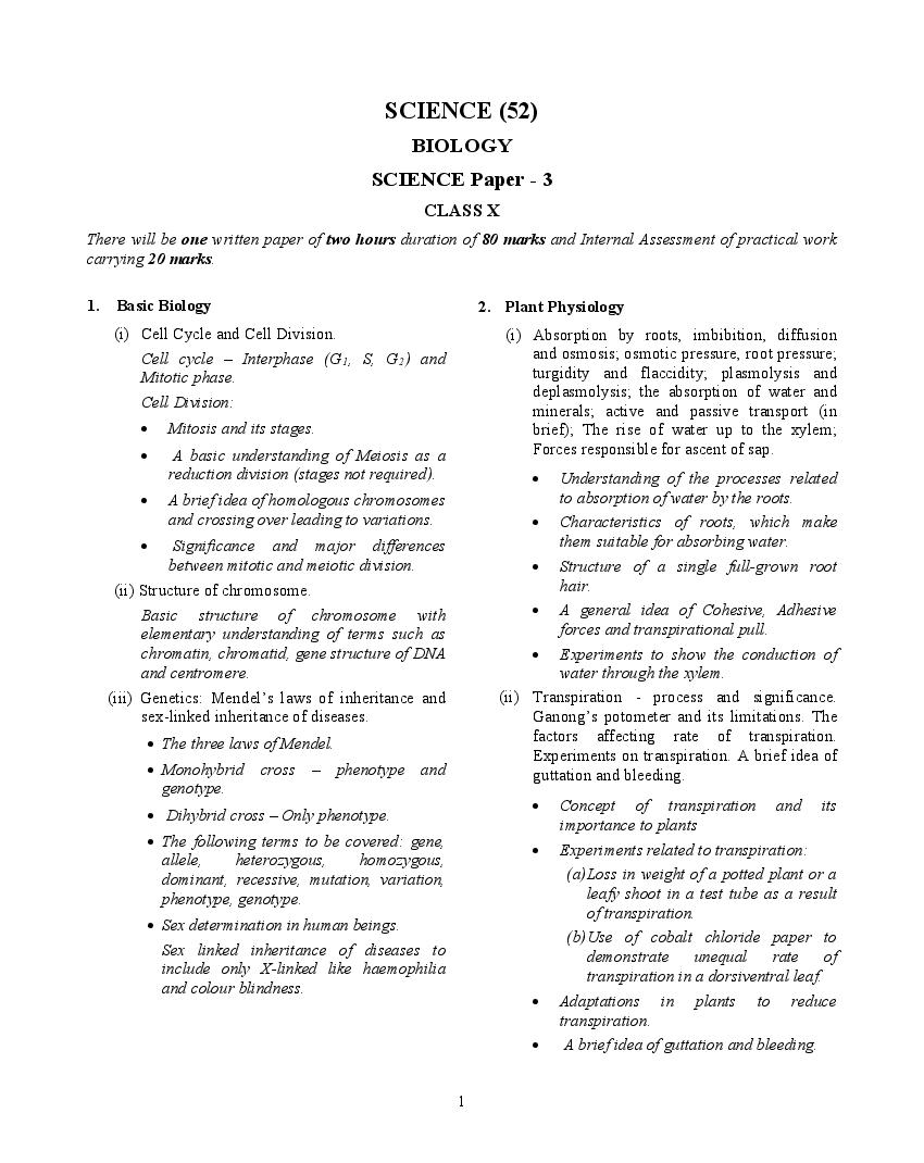 ICSE Class 10 Syllabus 2023 Biology (Revised) - Page 1