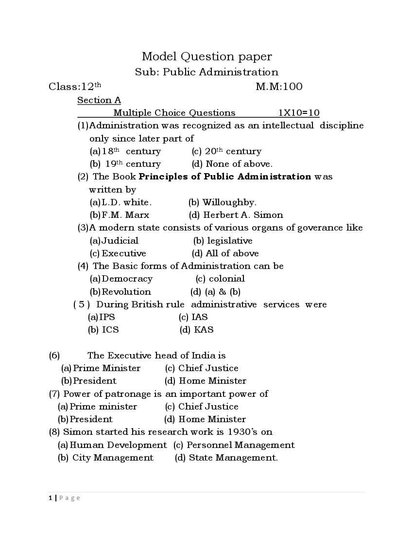 JKBOSE Class 12 Model Question Paper 2021 for Public Administration - Page 1