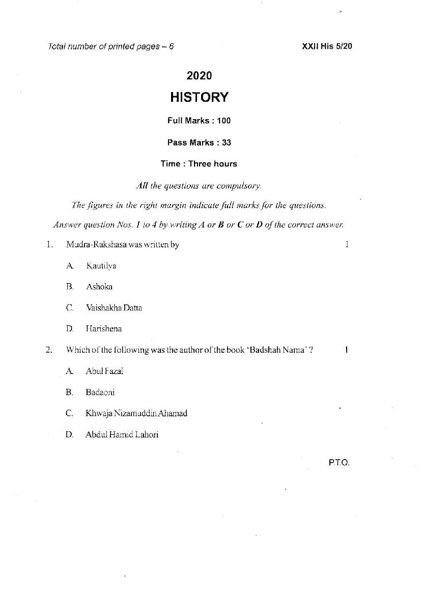 Manipur Board Class 12 Question Paper 2020 for History - Page 1