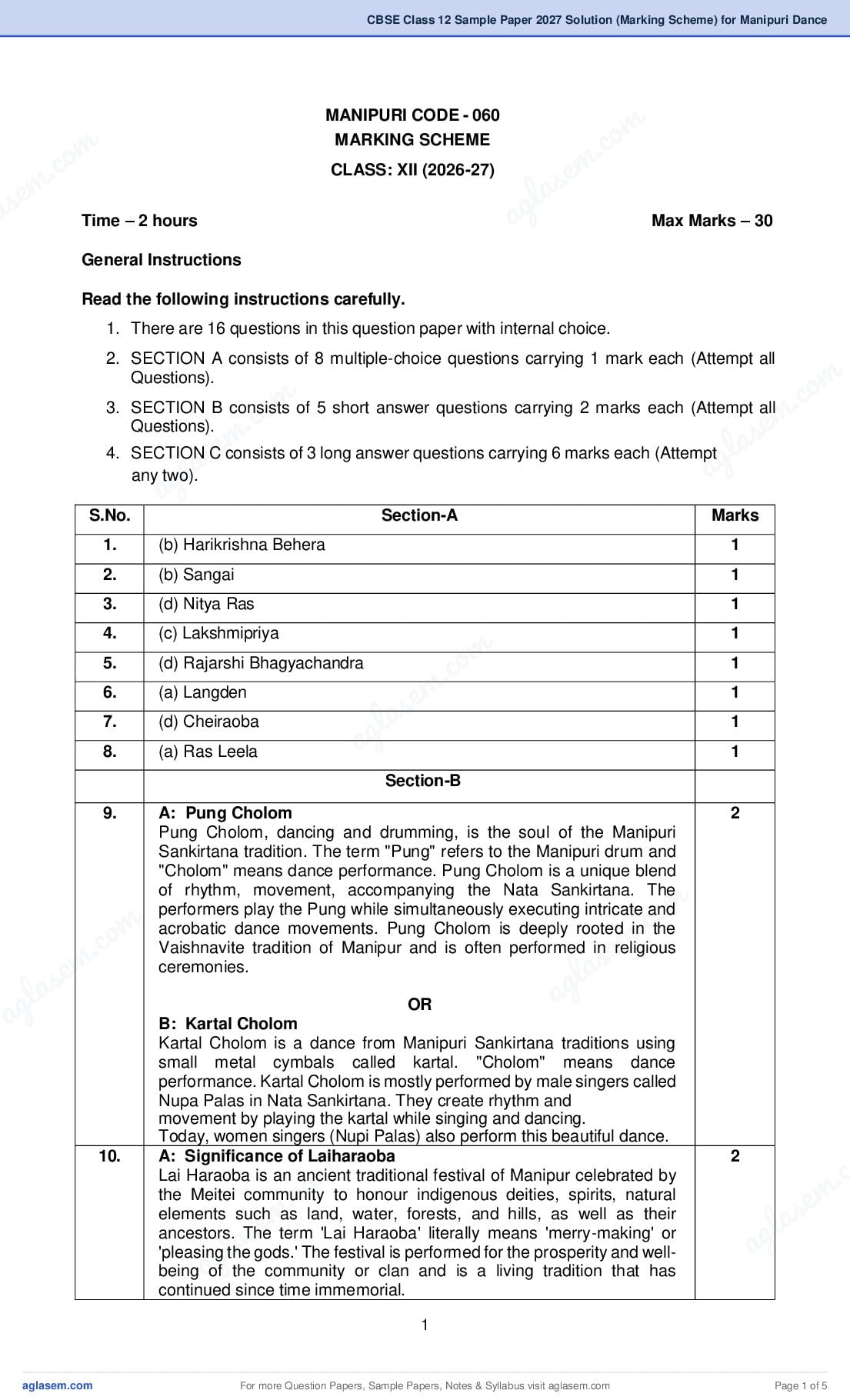 CBSE Class 12 Sample Paper 2027 Solution (Marking Scheme) for Manipuri Dance - Page 1 of 5
