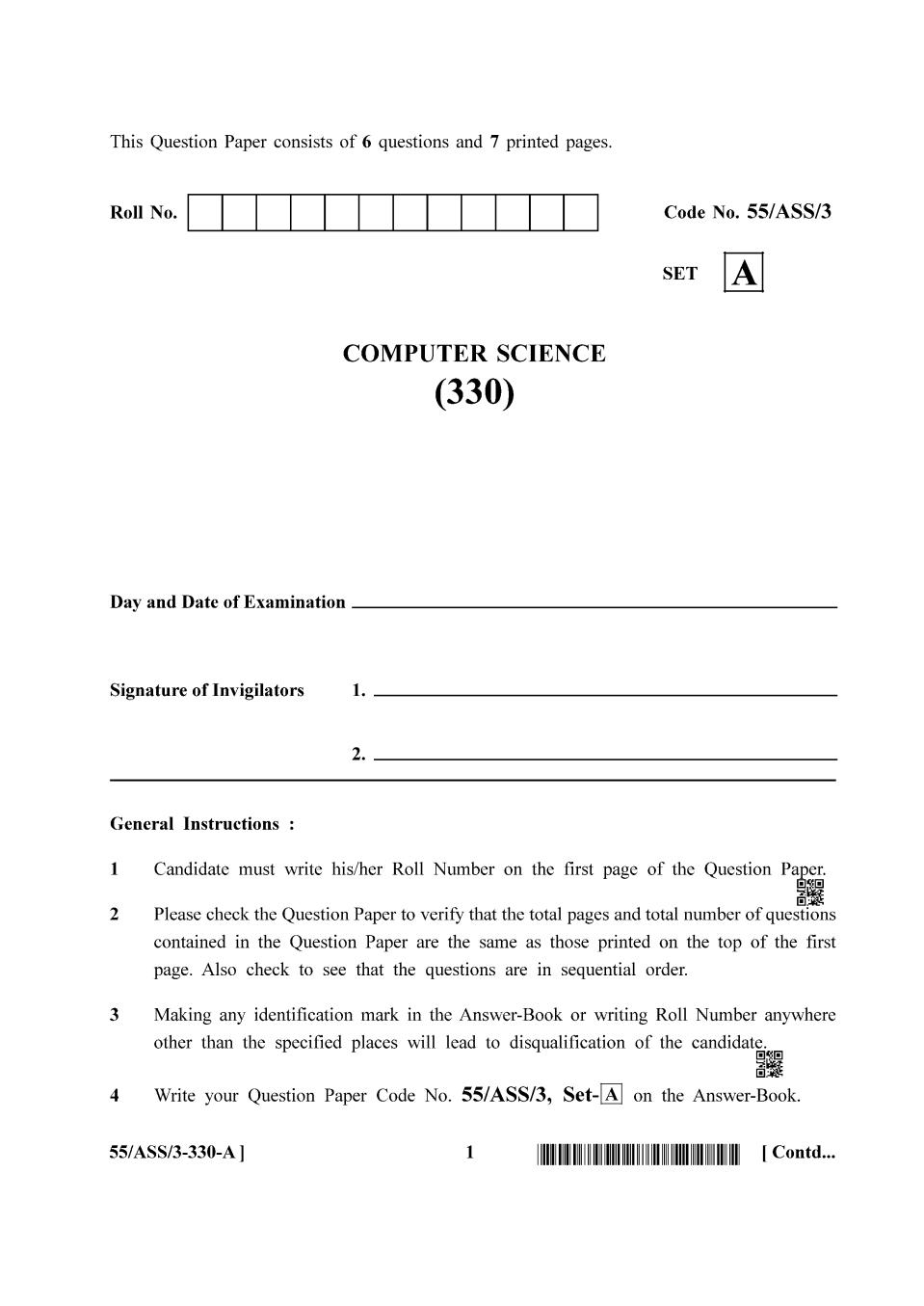 NIOS Class 12 Question Paper Oct 2017 - Computer Science - Page 1