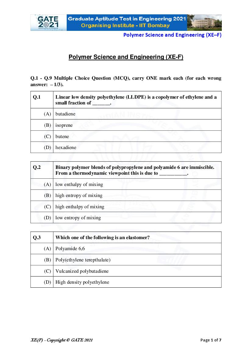 GATE 2021 Question Paper XE F Engineering Sciences - Polymer Science and Engineering - Page 1