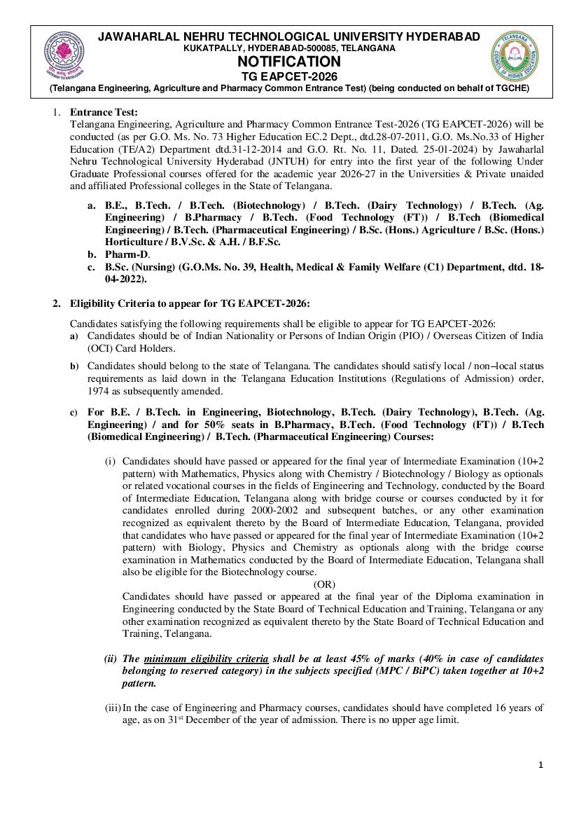 TG EAPCET 2026 Detailed Notification - Page 1