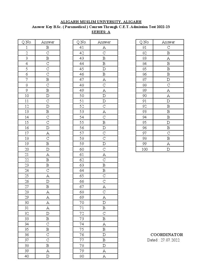 AMU Answer Key 2022 for B.Sc Paramedical (CET)