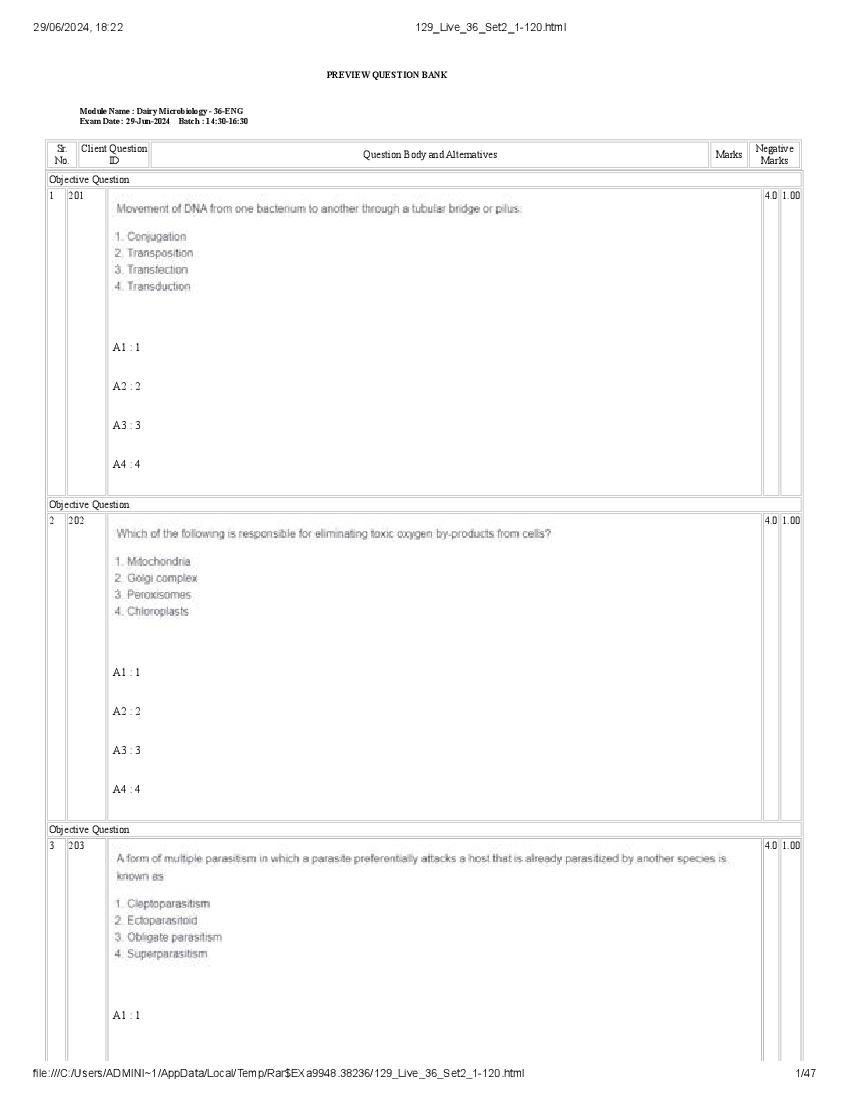 ICAR AICE JRF SRF (Ph.D) 2024 Question Paper Dairy Microbiology - Page 1