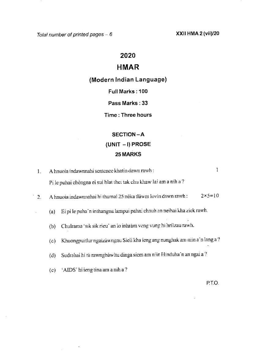 Manipur Board Class 12 Question Paper 2020 for Hmar - Page 1