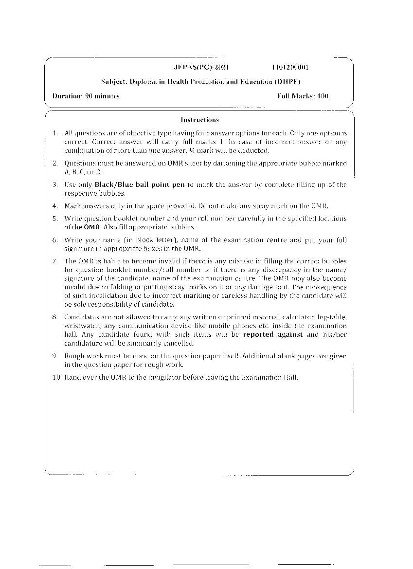 JEMAS PG 2021 Question Paper DHPE - Page 1