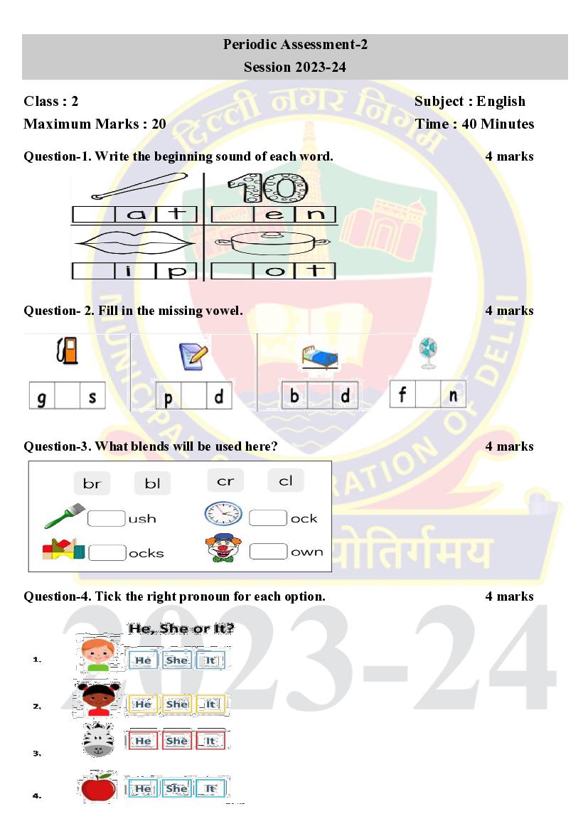 Delhi Class 2 Periodic Test Question Paper 2023-24 English - Page 1 of 2