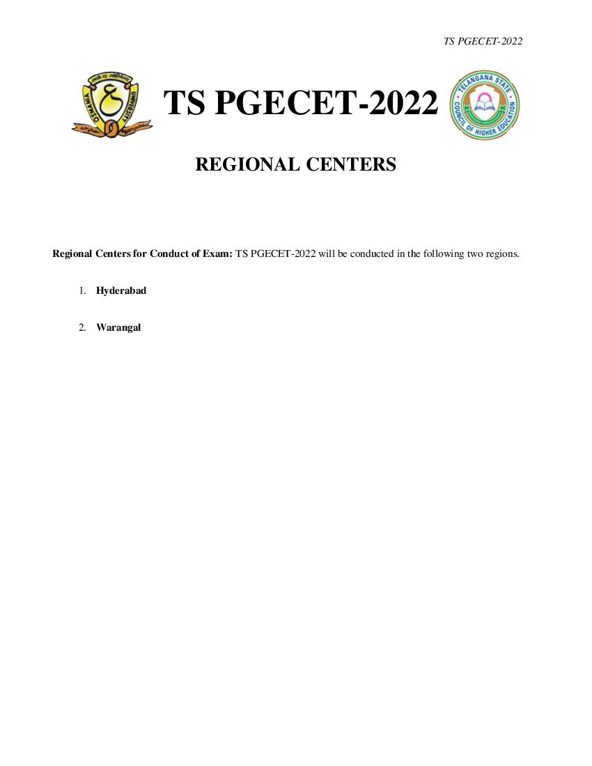 TS PGECET 2022 Regional Centers - Page 1