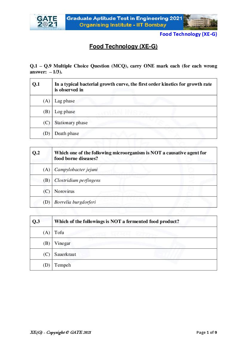 GATE 2021 Question Paper XE G Engineering Sciences - Food Technology - Page 1