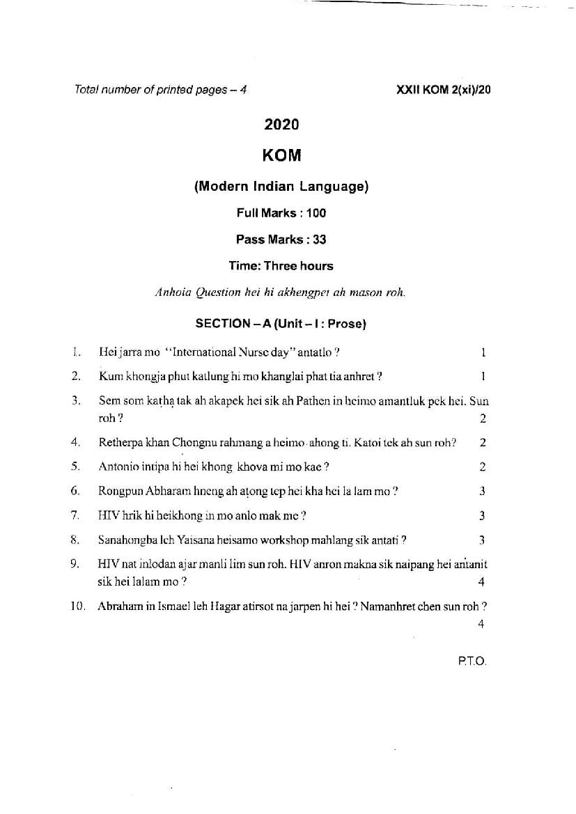 Manipur Board Class 12 Question Paper 2020 for Kom - Page 1