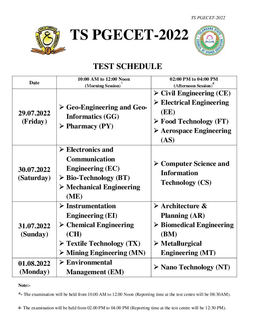 TS PGECET 2022 Test Schedule - Page 1