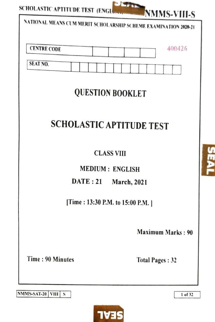 Maharashtra NMMS 2020 Question Paper SAT - Page 1