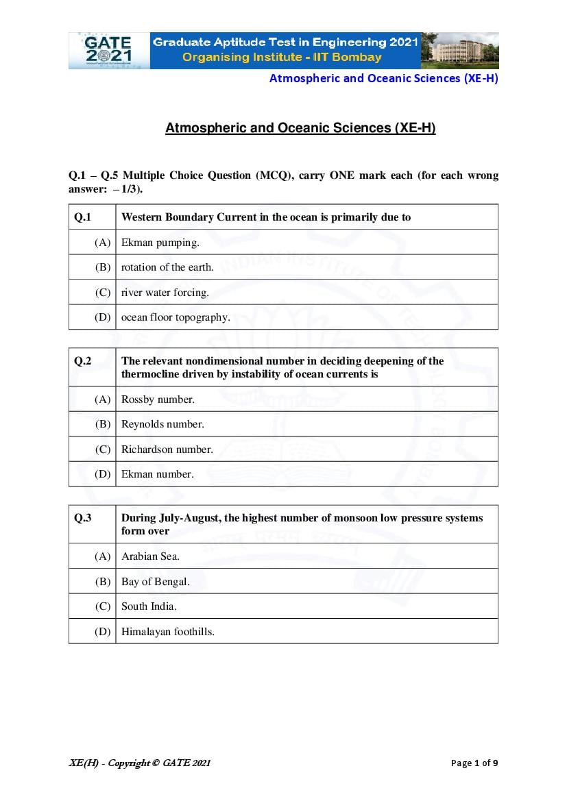 GATE 2021 Question Paper XE H Engineering Sciences - Atmospheric and Oceanic Sciences - Page 1