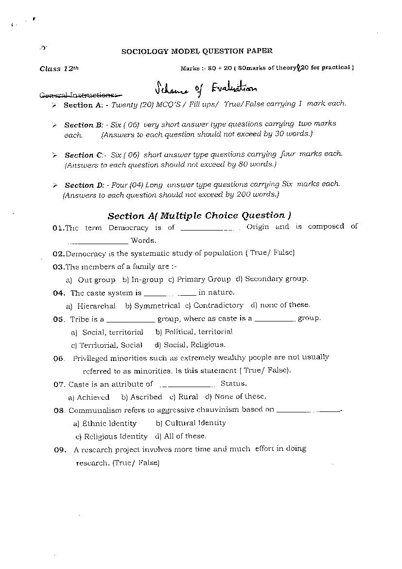 JKBOSE Class 12 Model Question Paper 2021 for Sociology - Page 1