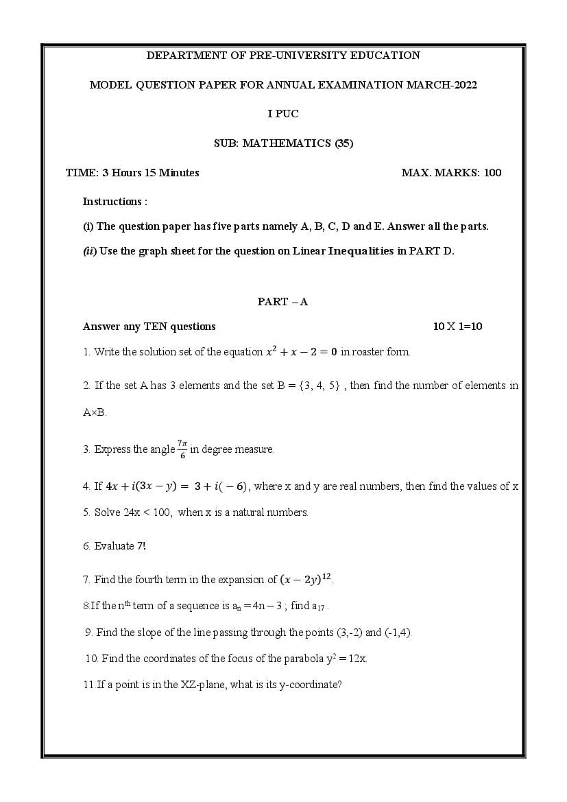 Karnataka 1st PUC Model Question Paper 2022 for Maths - Page 1