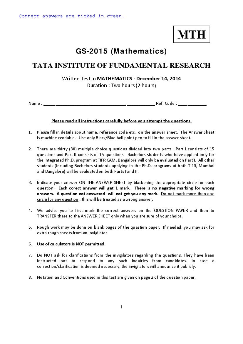 TIFR GS 2015 Question Paper Mathematics - Page 1 of 10
