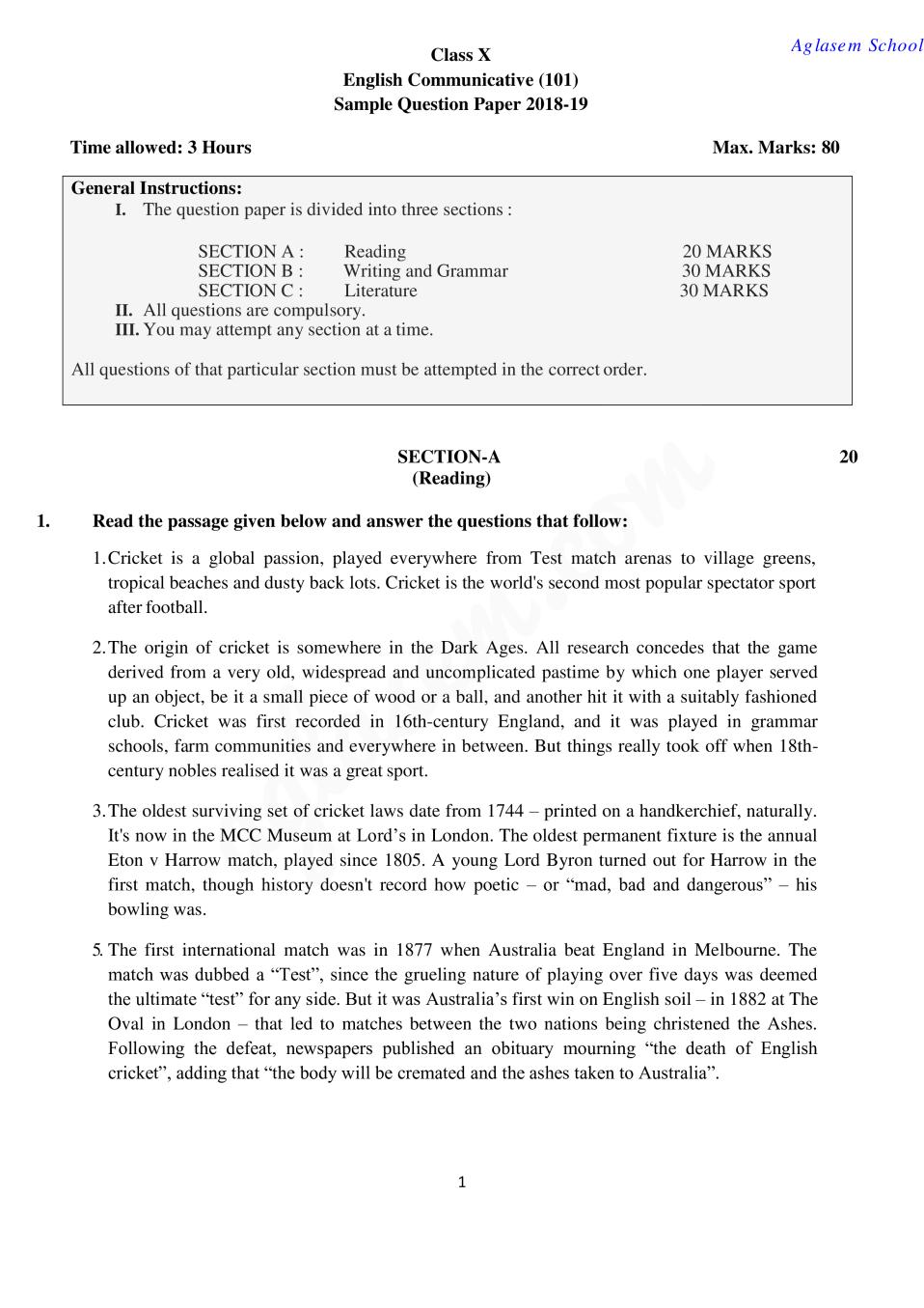 CBSE Class 10 Sample Paper 2019 for English Communicative - Page 1