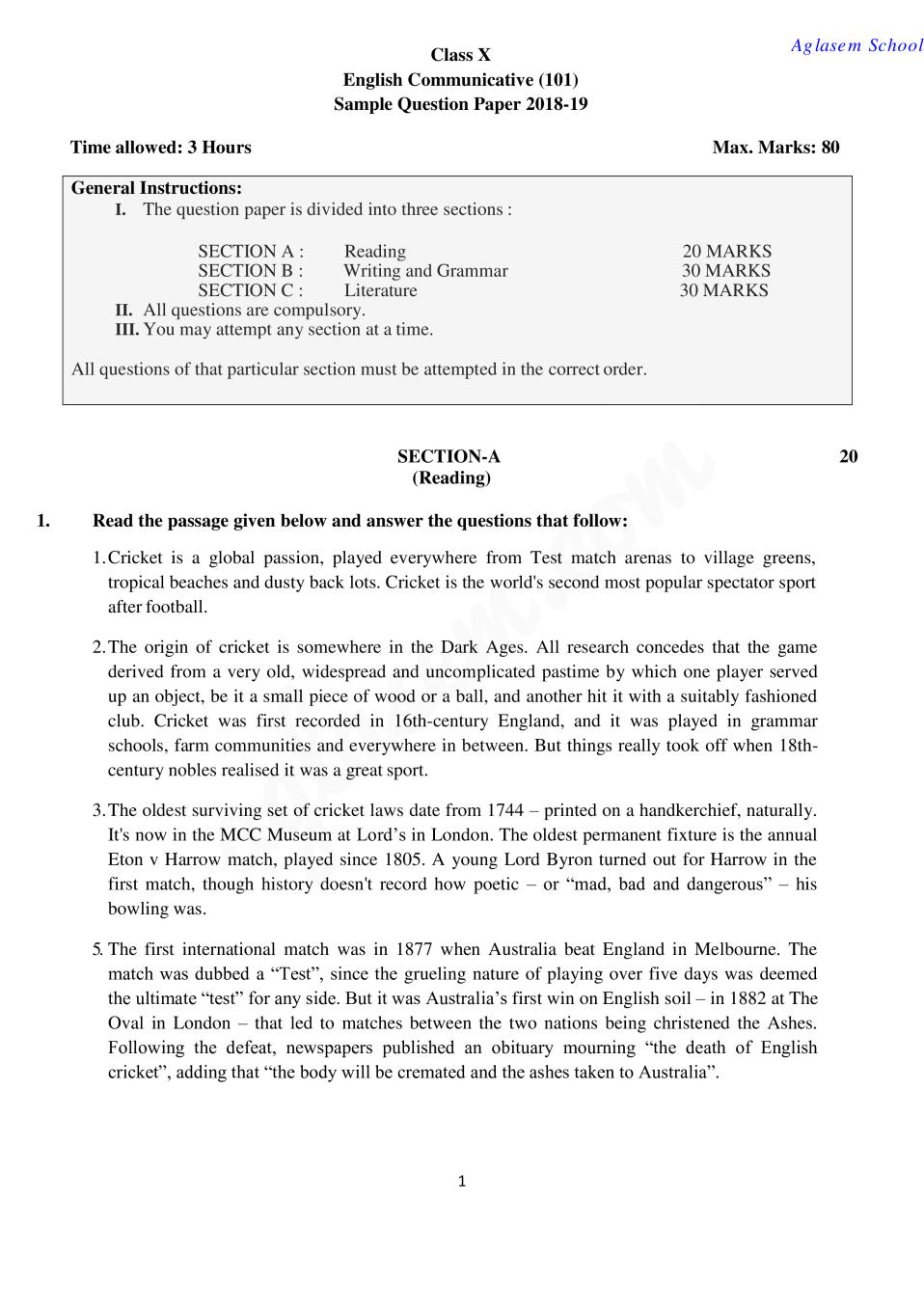 CBSE Class 10 Sample Paper 2019 for English Communicative