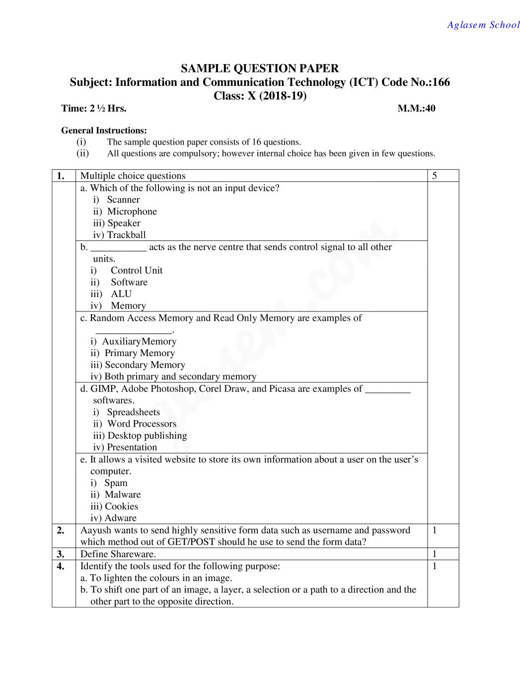 CBSE Class 10 Sample Paper 2019 for Information and Communication Technology - Page 1