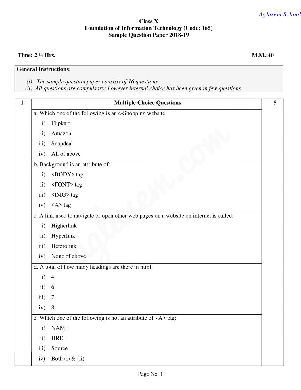 CBSE Class 10 Sample Paper 2019 for Foundation of Information Technology - Page 1
