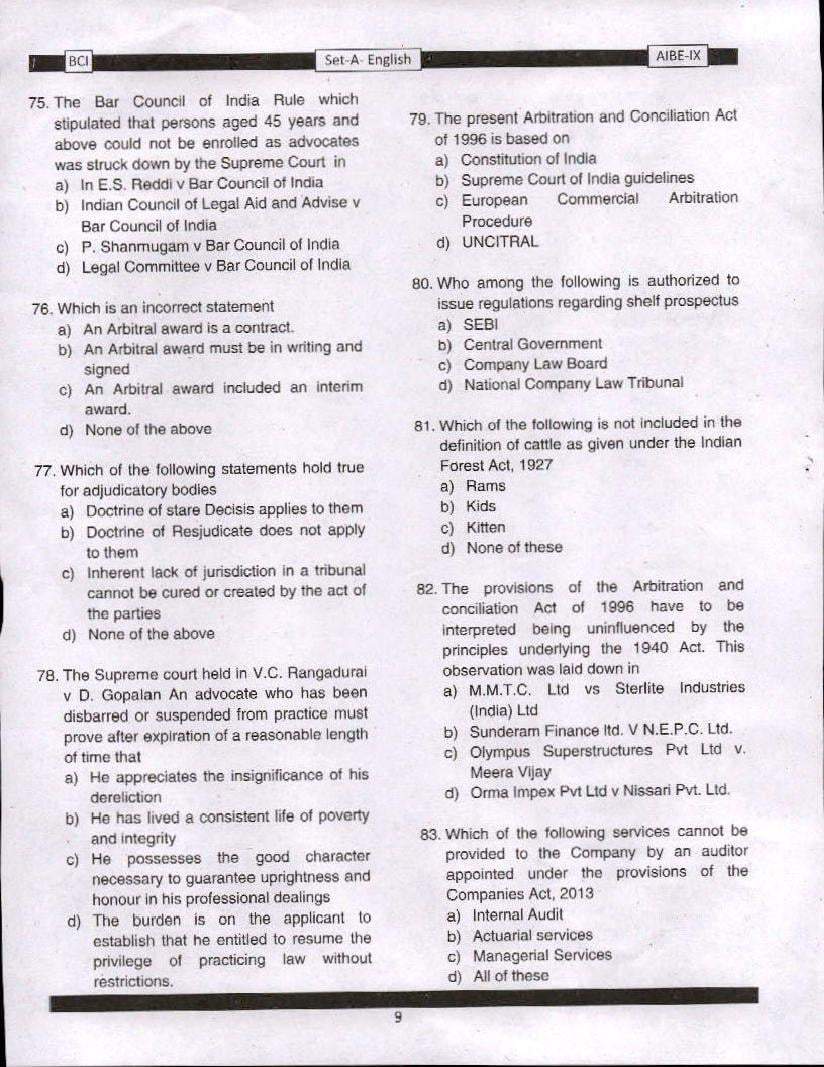 AIBE IX (9) 2016 Question Paper PDF with Answer Key