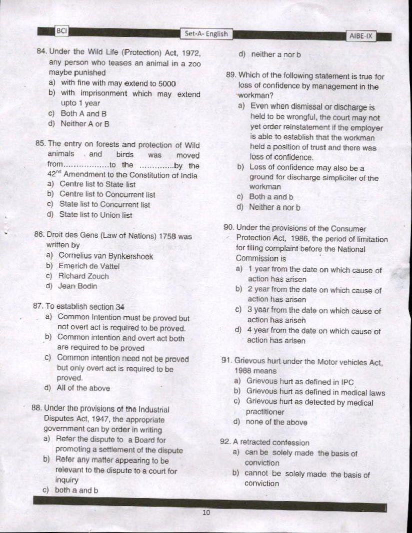 AIBE IX (9) 2016 Question Paper PDF with Answer Key