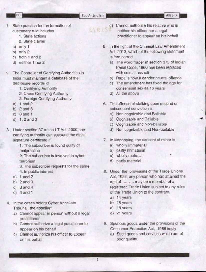 AIBE IX (9) 2016 Question Paper PDF with Answer Key