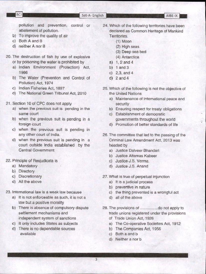 AIBE IX (9) 2016 Question Paper PDF with Answer Key