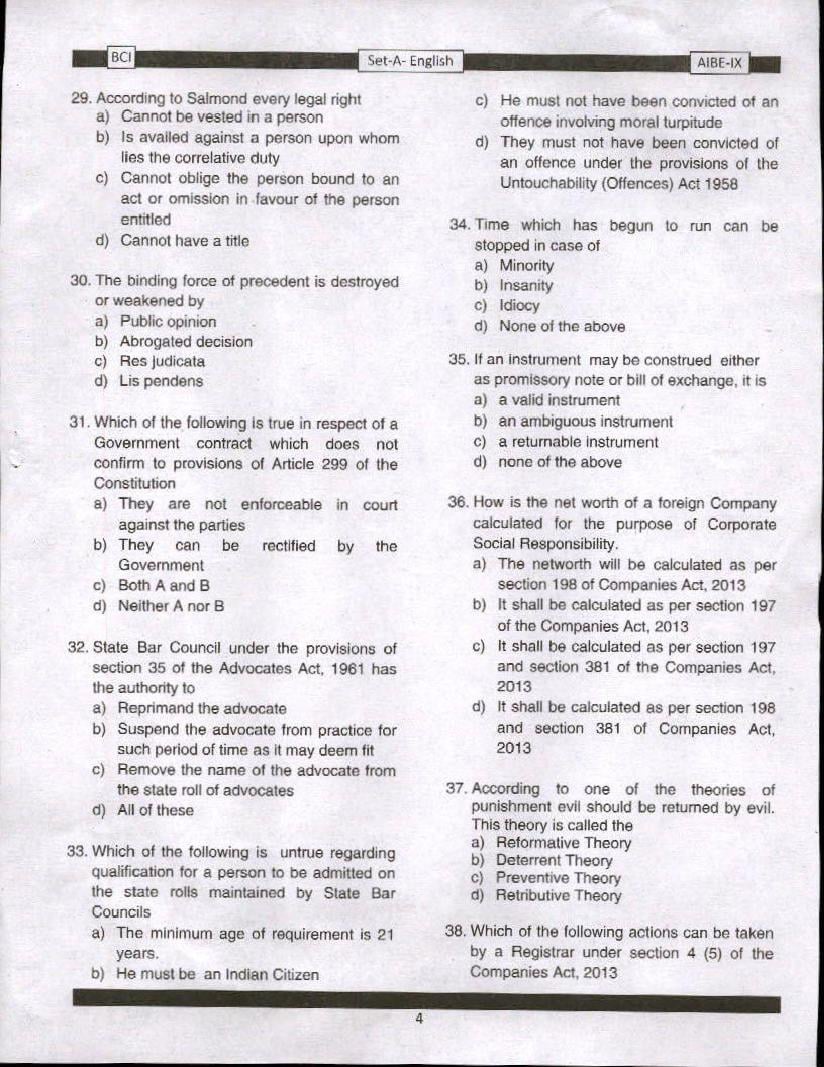 AIBE IX (9) 2016 Question Paper PDF with Answer Key