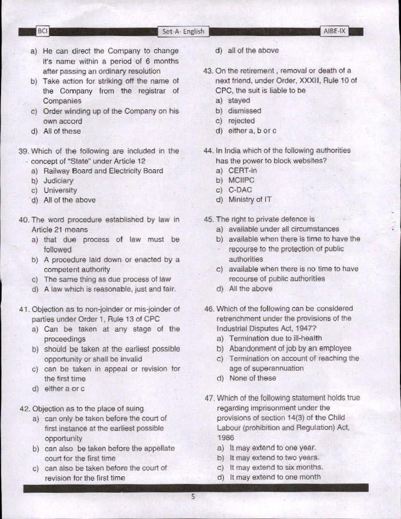 AIBE IX (9) 2016 Question Paper PDF with Answer Key