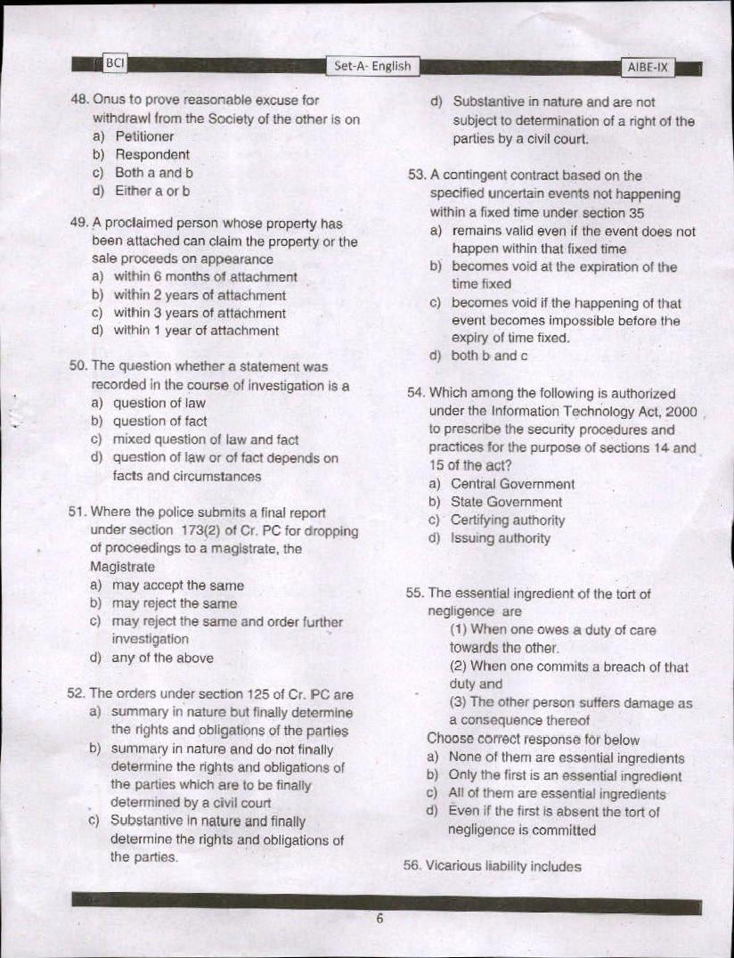 AIBE IX (9) 2016 Question Paper PDF with Answer Key