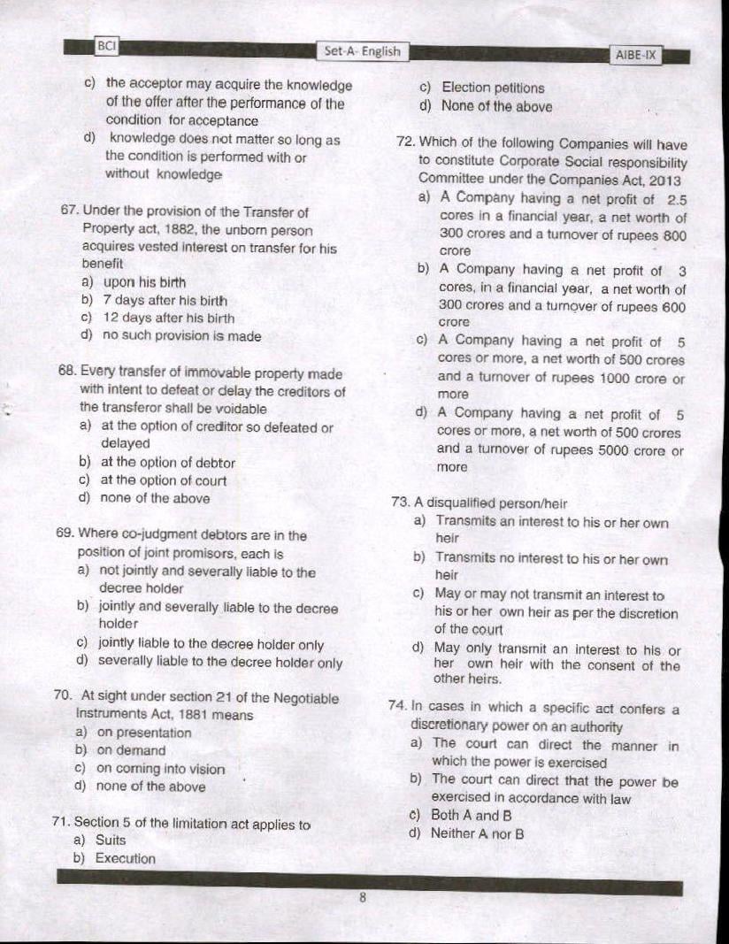 AIBE IX (9) 2016 Question Paper PDF with Answer Key