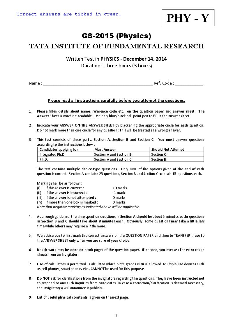 TIFR GS 2015 Question Paper Physics Y - Page 1 of 18