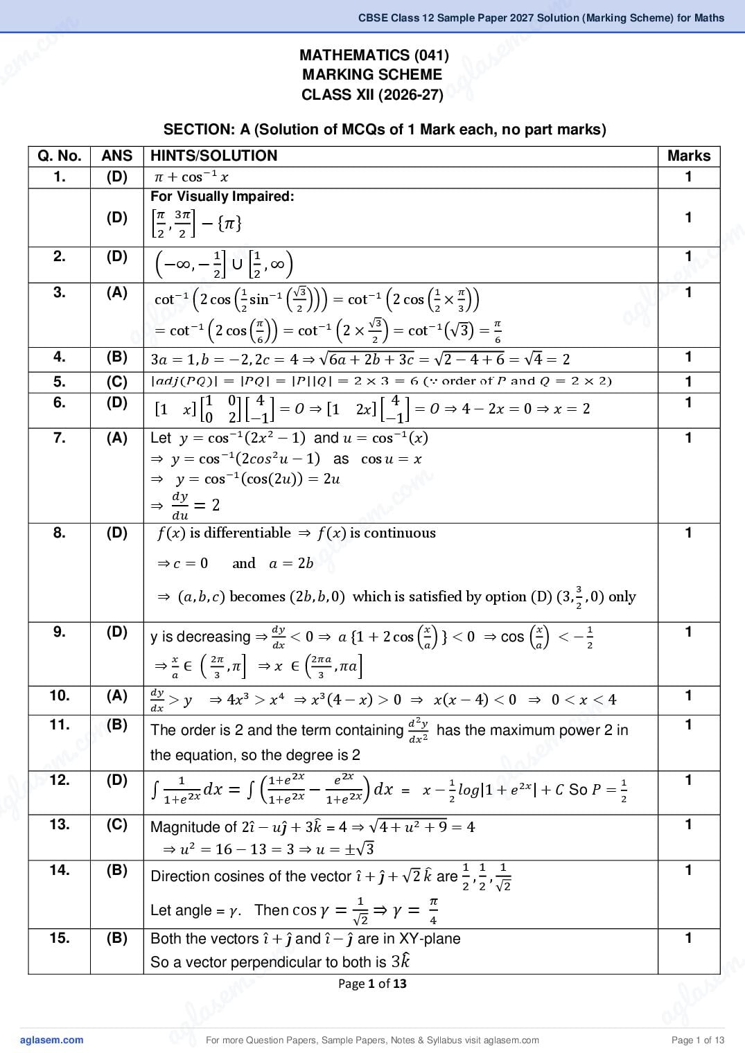 CBSE Class 12 Sample Paper 2027 Solution (Marking Scheme) for Maths - Page 1 of 13