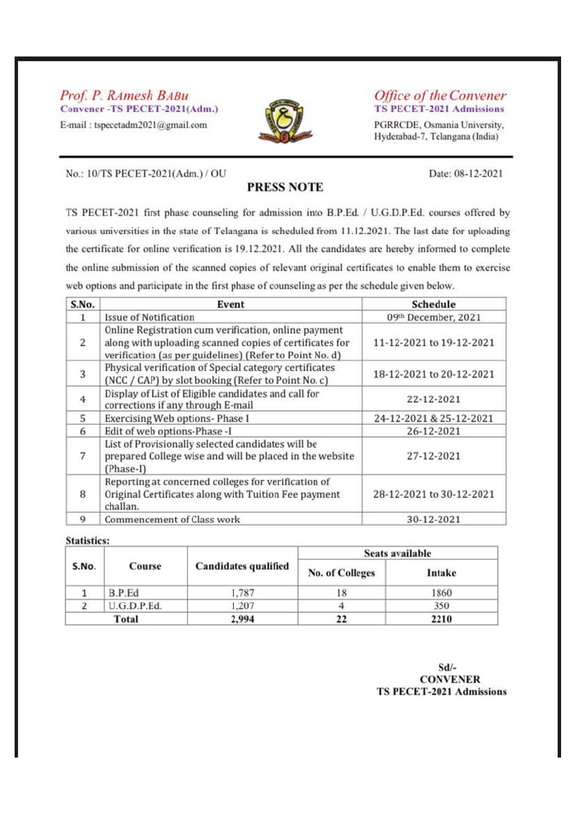 TS PECET 2021 Counselling Schedule