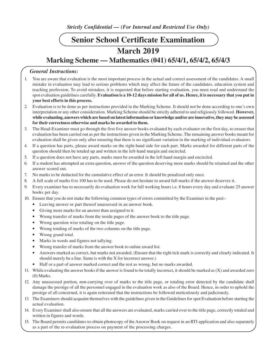 CBSE Class 12 Mathematics Question Paper 2019 Set 4 Solutions - Page 1
