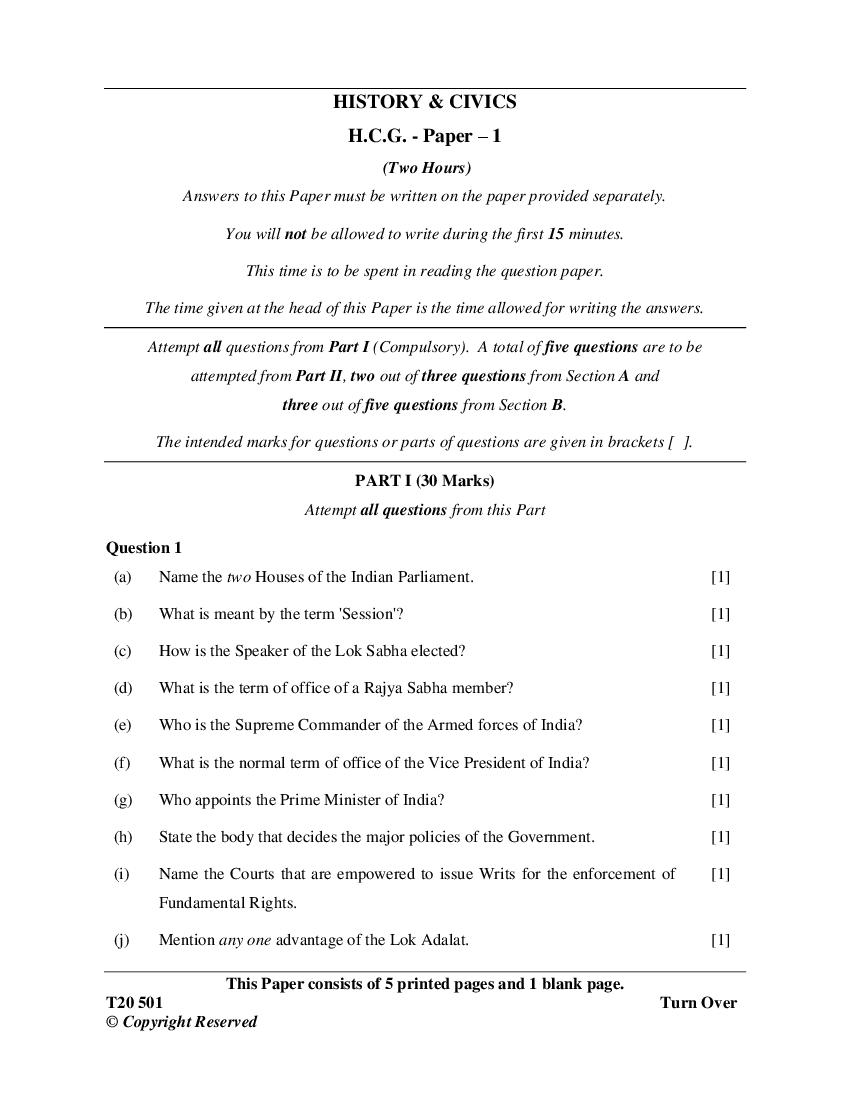 ICSE Class 10 Question Paper 2020 for History & Civics - Page 1