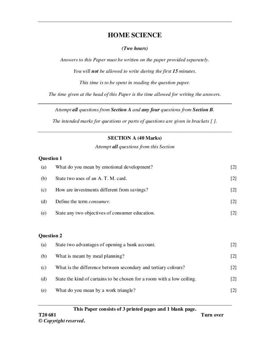 ICSE Class 10 Question Paper 2020 for Home Science - Page 1