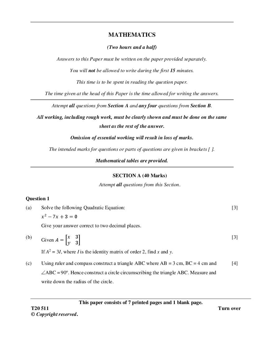 ICSE Class 10 Question Paper 2020 for Maths - Page 1