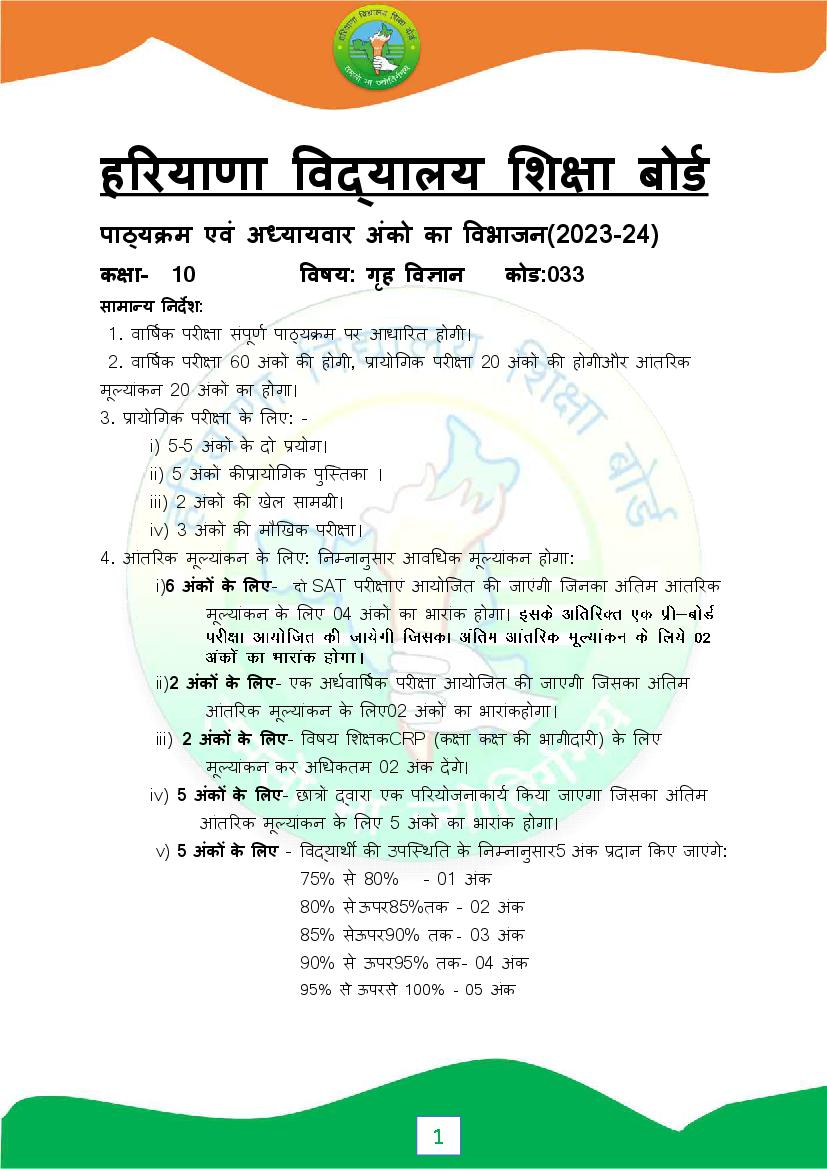 HBSE Class 10 Syllabus 2024 Home Science - Page 1