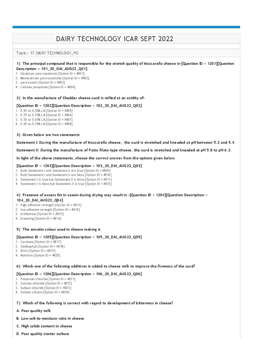 ICAR AIEEA PG 2022 Question Paper Dairy Technology - Page 1