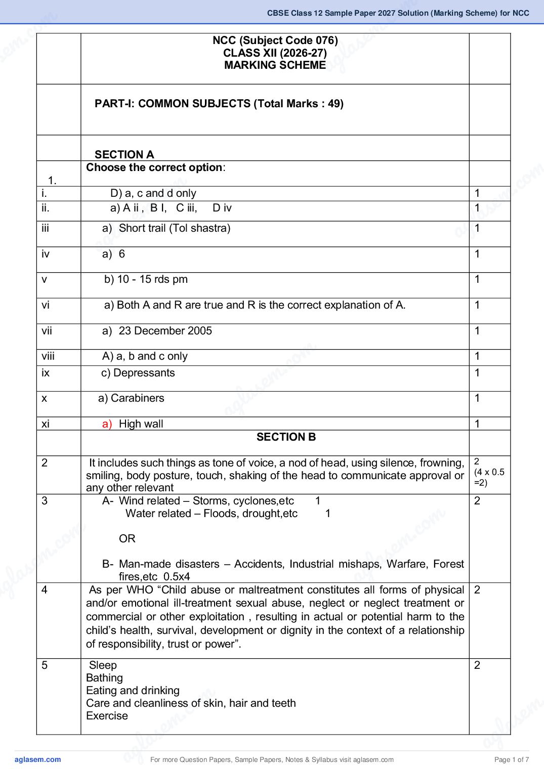 CBSE Class 12 Sample Paper 2027 Solution (Marking Scheme) for NCC - Page 1 of 7