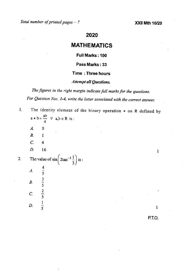 Manipur Board Class 12 Question Paper 2020 for Maths - Page 1