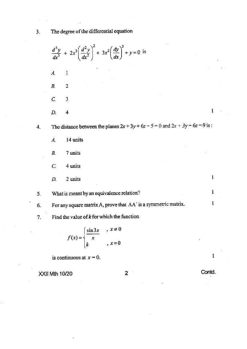 Manipur COHSEM Class 12 Question Paper for Mathematics