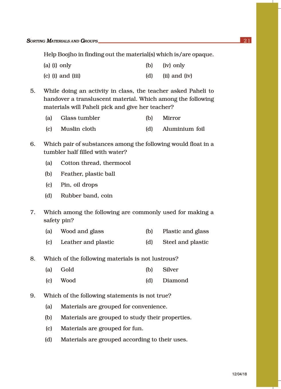 NCERT Exemplar Class 6 Science Chapter 4 Sorting Materials and Groups