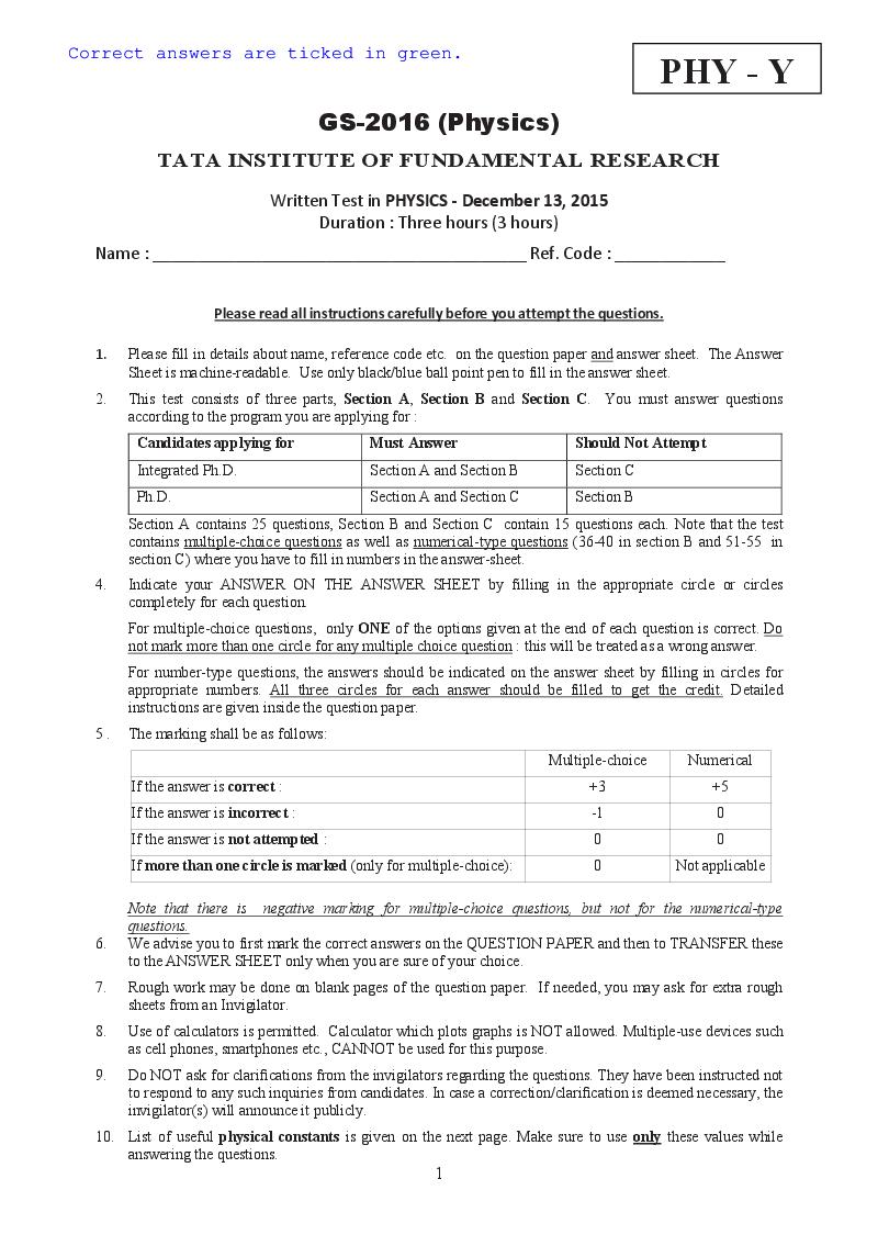 TIFR GS 2016 Question Paper Physics Y - Page 1 of 20