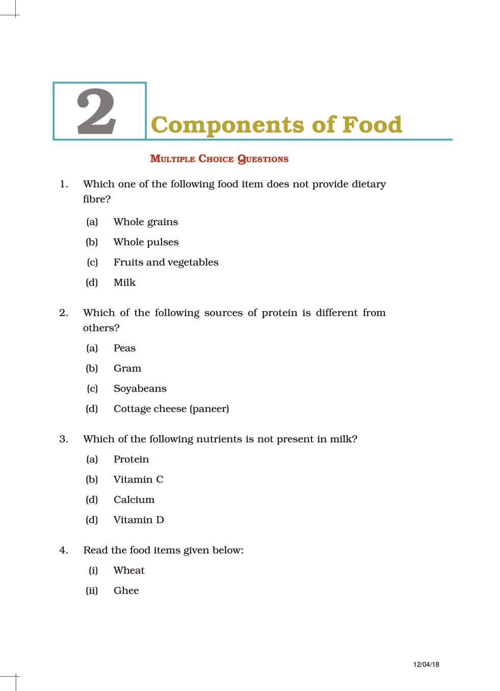 NCERT Exemplar Class 06 Science Unit 2  Components of Food - Page 1